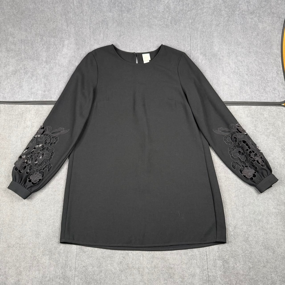 HM Black Floral Eyelet Cutout Sleeve Tunic y2k Top Blouse US 4 Sleeve Pleated